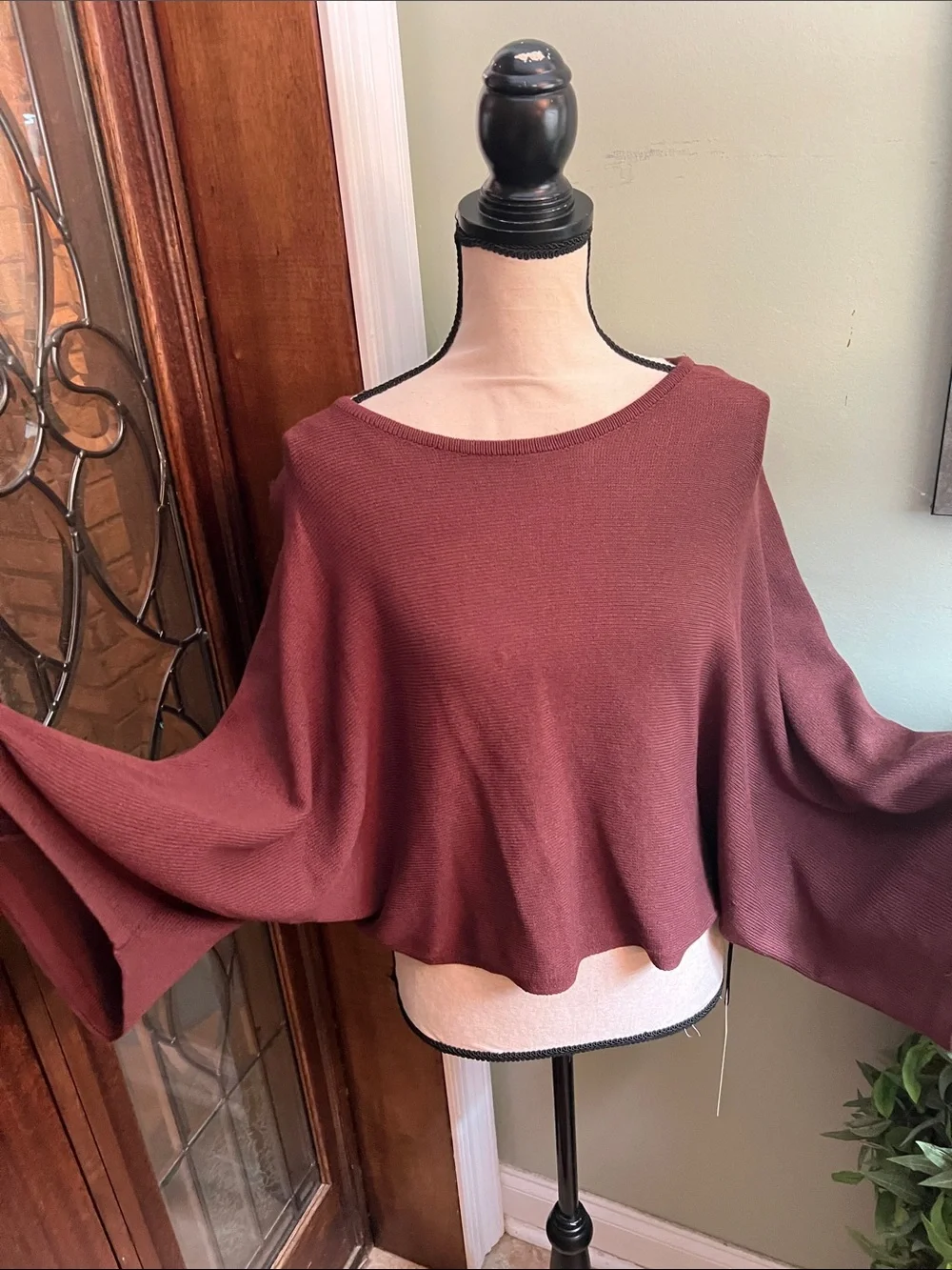 Off-the-Shoulder Wide-Sleeve Sweater in Burgundy